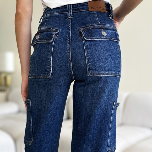 High-Rise Waist Cargo Pockets Denim Boyfriend Straight Leg Jean Pants Judy Blue - Picture 9 of 13